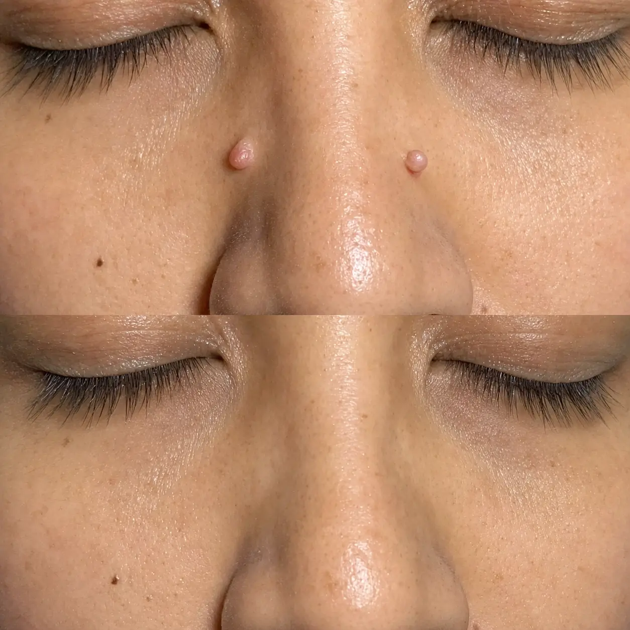 Before and after skin tag removal on the face