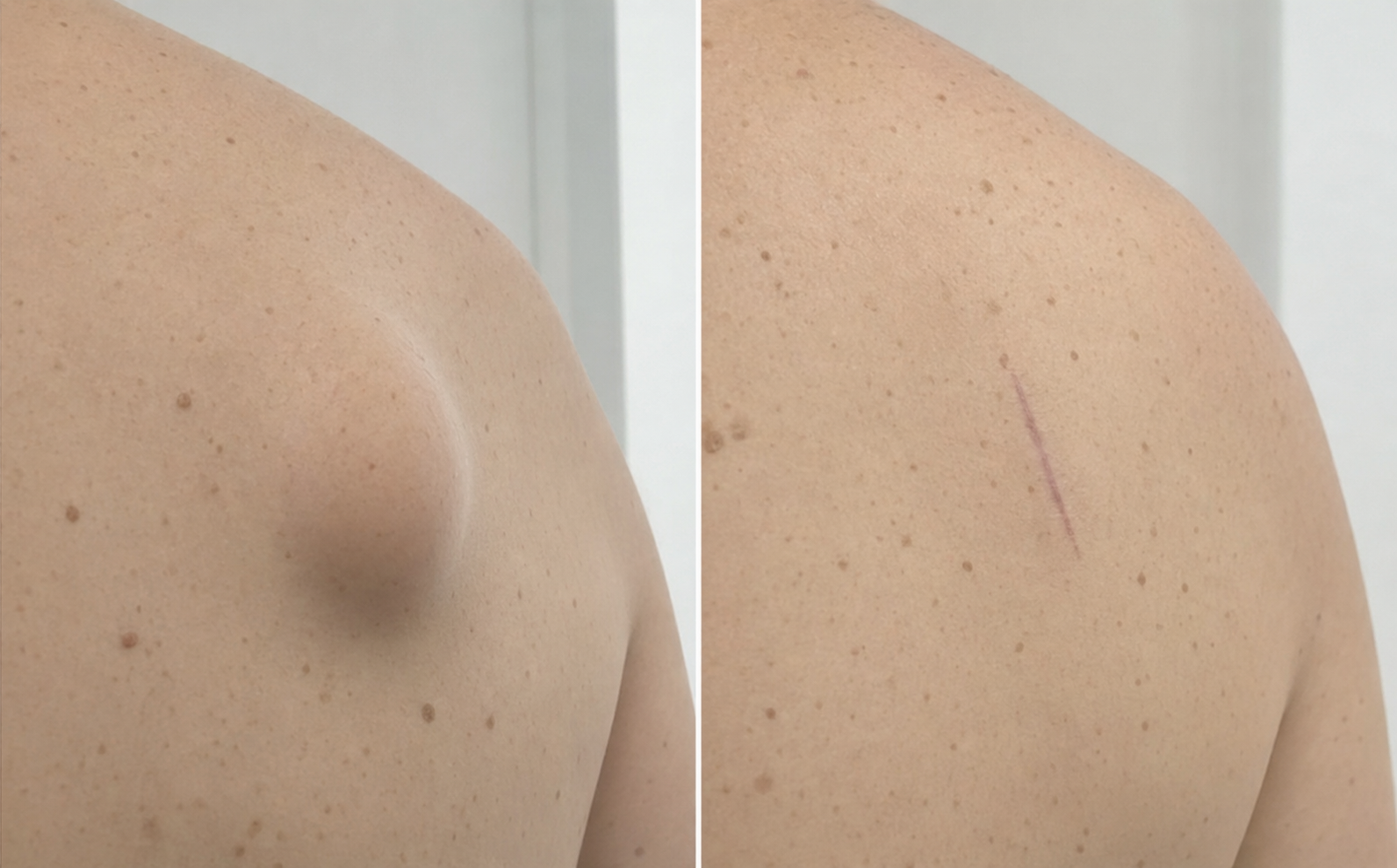 Before and after lipoma removal on the shoulder